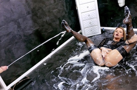 Dirty blonde getting body bathed in cum in messy gloryhole suck and fuck