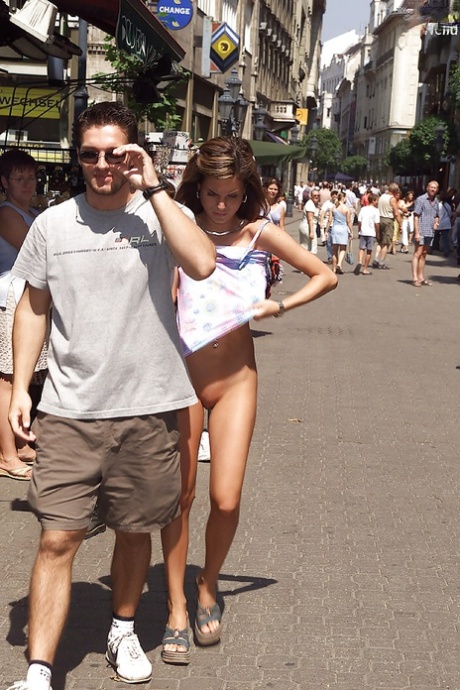 Graceful amateur babe with amazing tits posing naked in public place