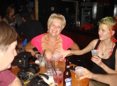 Naughty wife Double Dee & her mature GFs show their titties at a wild party